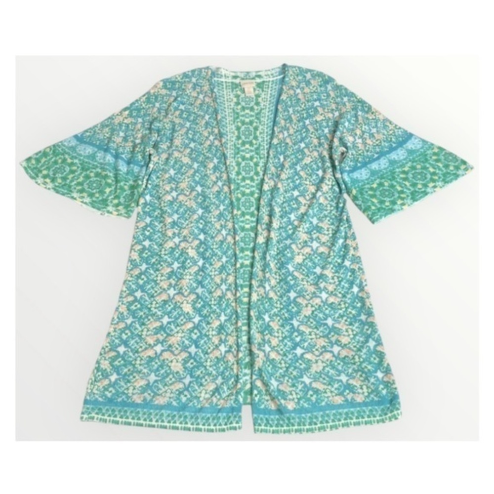 Chico’s Elbow Bell Sleeve Teal & Peach Tile Print Open Front Sweater Cardigan L
